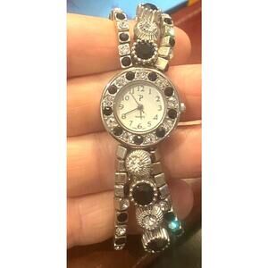 Women's 25mm Silver Tone Watch, Black and Clear Crystal Accented